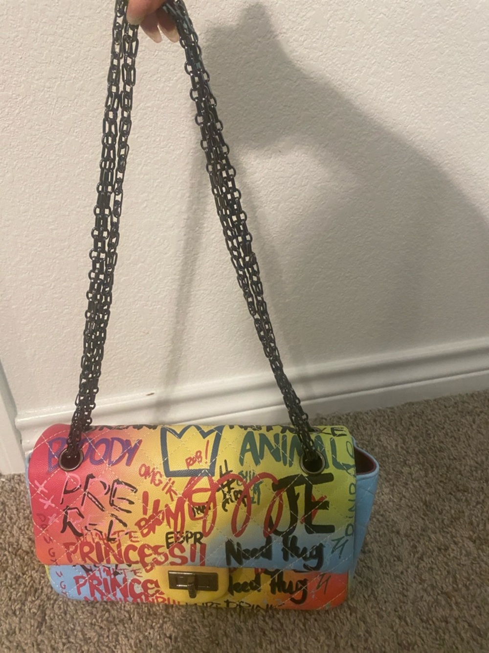 Colorful Graffiti Quilted Print Shoulder Bag - Yellow Accent - Picture 10 of 13